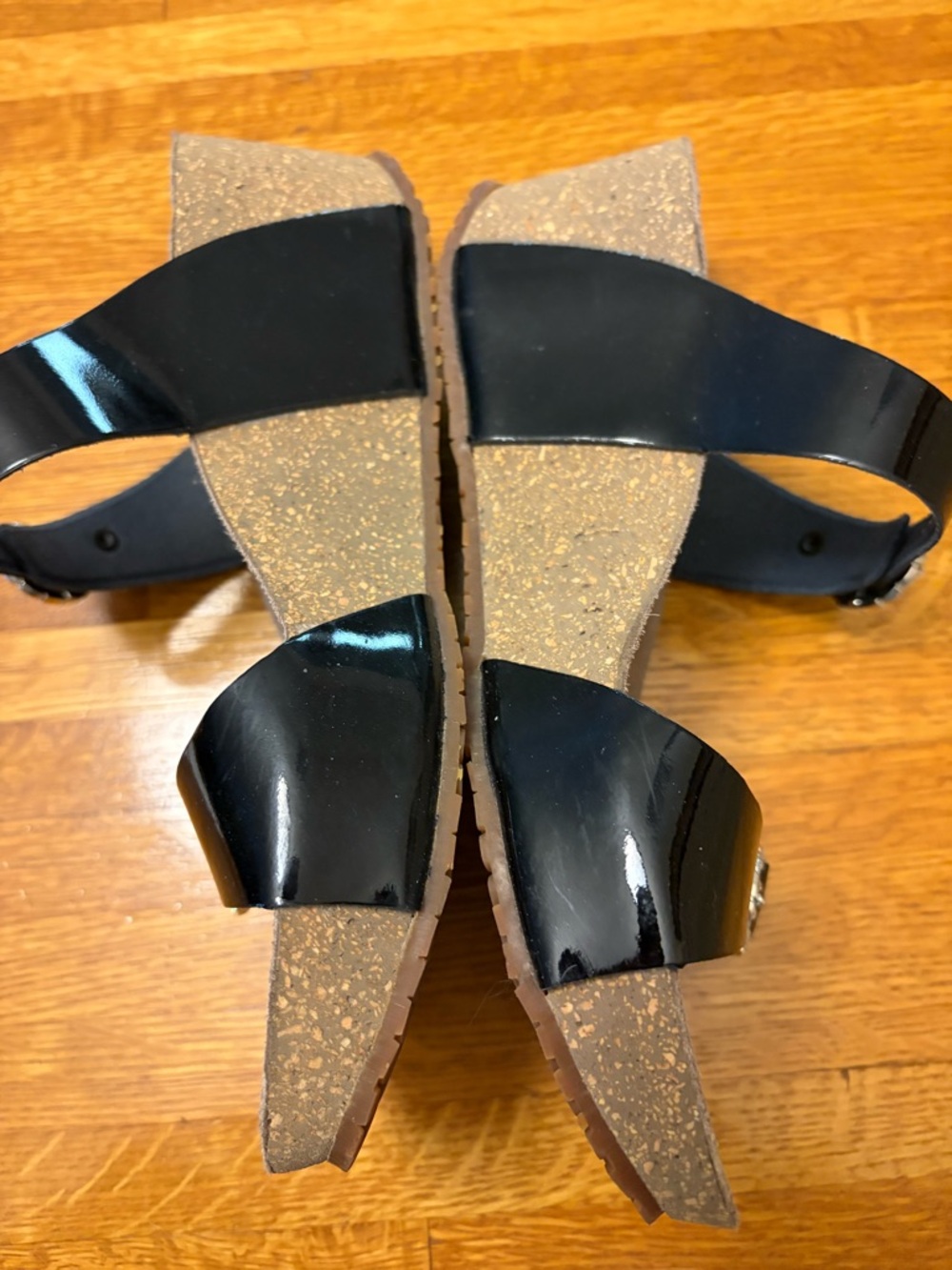 Mephisto 37 (7-7.5) EUC Black Patent Slide Platform Sandals w Rhinestone Buckles - Picture 6 of 12